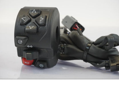 Baksidan på Styrelreglage från en Triumph Trident -2021 motorcykel.